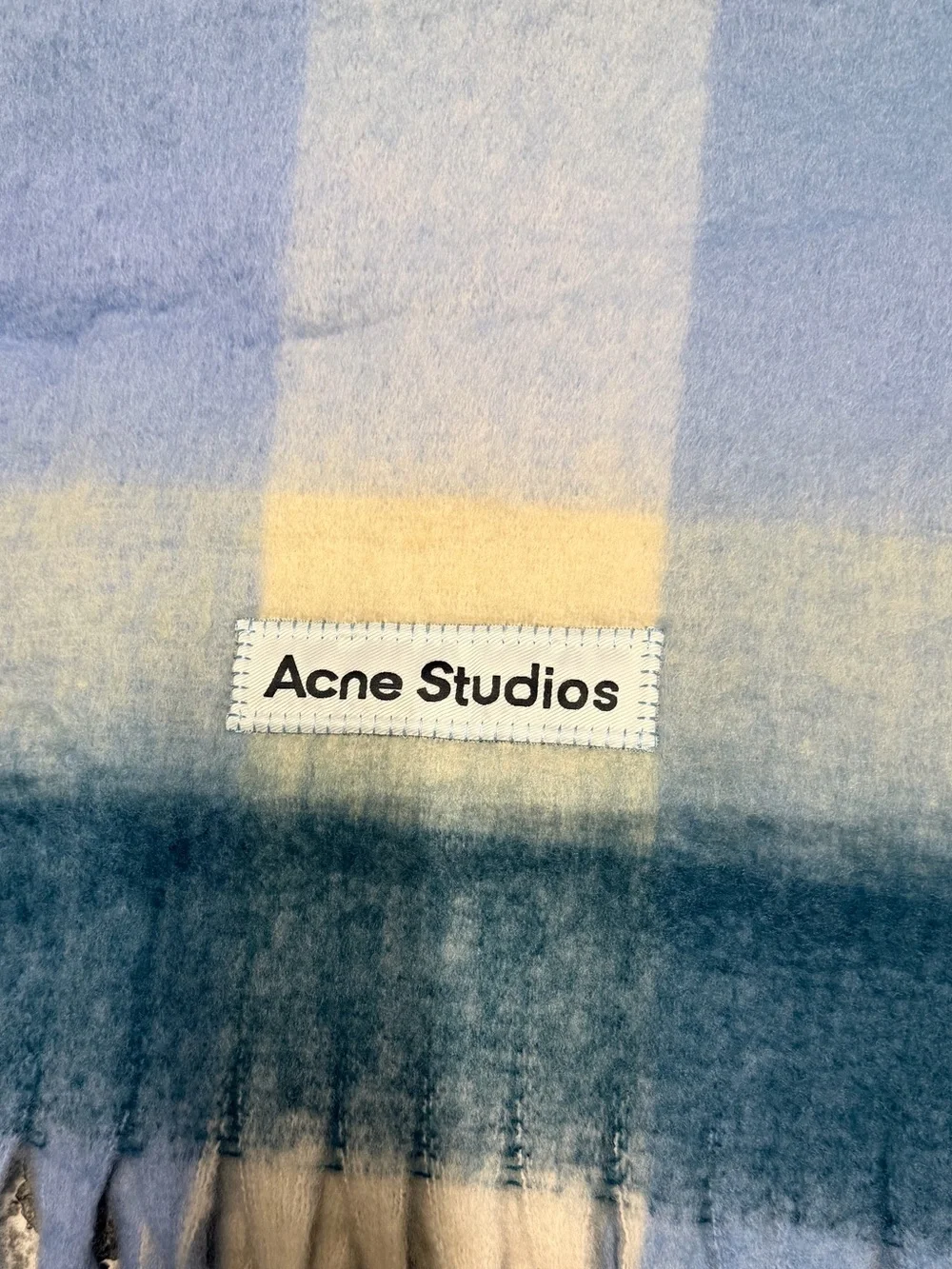 Acne Studio Blue and Cream Plaid Fringe Scarf